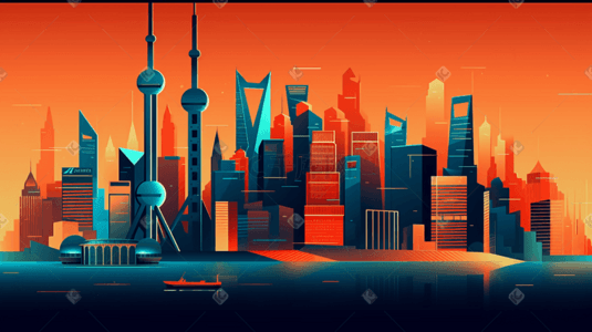 现代都市上海地标建筑渐变插画