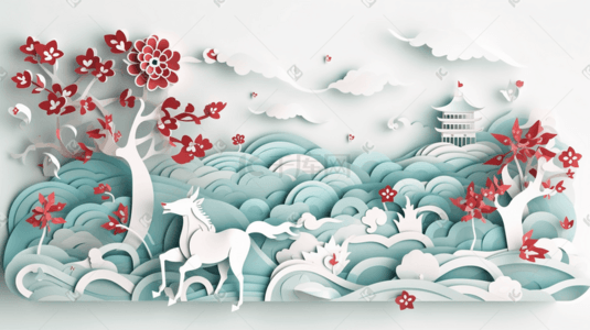 国潮剪纸插画图片_中国风花鸟国潮剪纸风风景