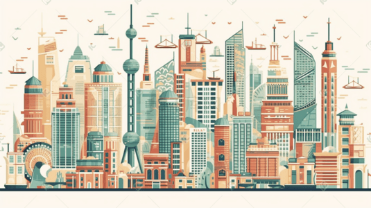 扁平现代城市建筑插画图片_扁平风城市建筑上海地标风景