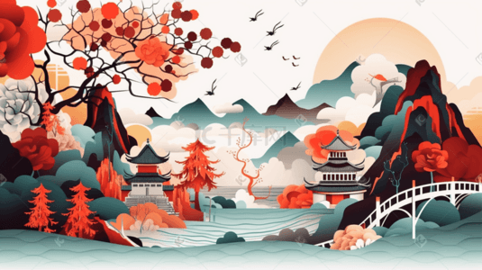 国潮风云雾插画图片_中国风国潮剪纸风风景