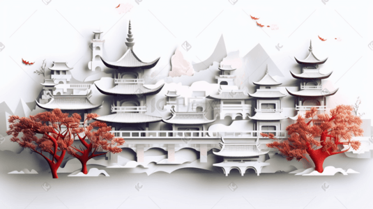 中国剪纸风插画图片_中国风古典建筑国潮剪纸风风景