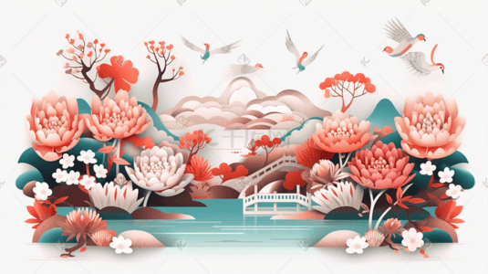 国潮剪纸插画图片_中国风花鸟国潮剪纸风风景