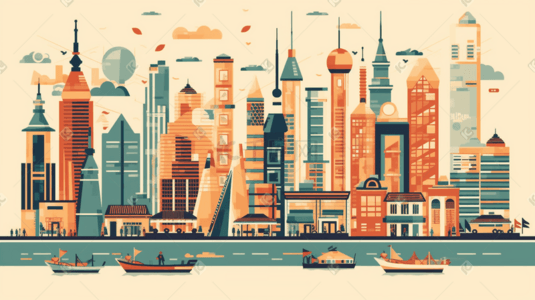 扁平现代城市建筑插画图片_扁平风城市建筑上海地标风景