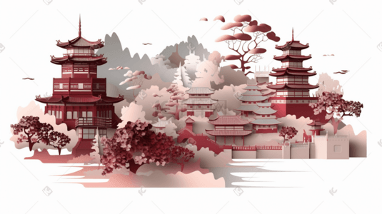 中国风国潮古典建筑剪纸风风景