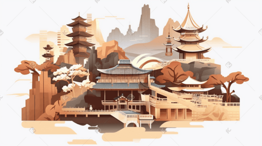 剪纸风插画图片_中国风古典建筑国潮剪纸风风景