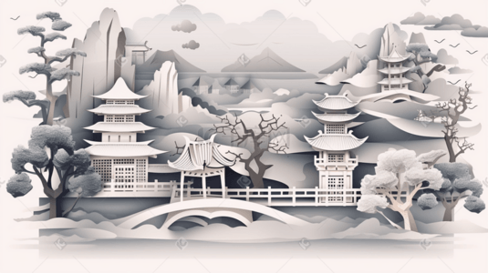 剪纸国插画图片_中国风古典建筑国潮剪纸风风景