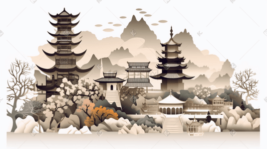 剪纸国插画图片_中国风古典建筑国潮剪纸风风景