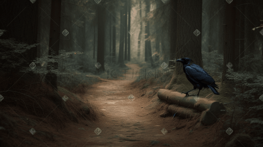 黑色乌鸦插画图片_森林里的黑色小乌鸦