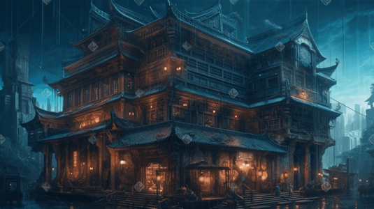 赛博朋克风格建造的中国古代建筑