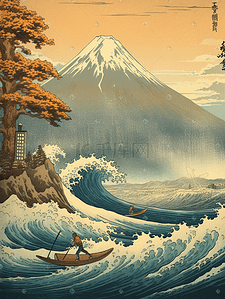 富士山日式插画图片_浮世绘风格浪花富士山复古背景