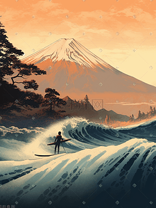 富士山日式插画图片_浮世绘富士山复古国潮插画