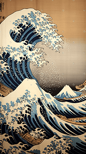 日本浮世绘插画传统日本日本浮世绘凤凰海浪复古插画扁平风日本风景