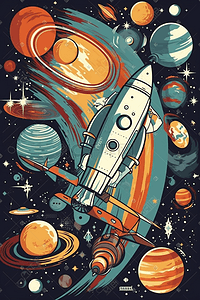 数字星球插画图片_卡通宇宙太空飞船数字艺术
