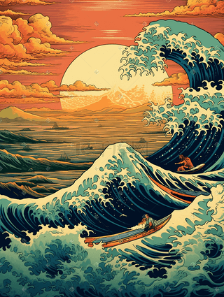 浮世绘插画图片_国潮浪花浮世绘风格背景