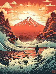 富士山日式插画图片_浮世绘复古潮流插画