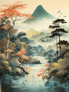 浮世绘山水插画图片_浮世绘风山水景色背景