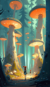 巨型蜘蛛插画图片_森林里长着的巨型蘑菇
