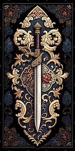 蓝翼中世纪地毯设计的国王视图宝剑