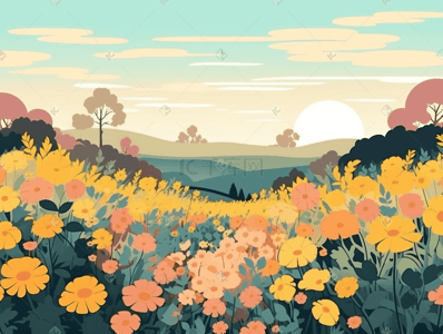 自然风景插画风格黄色花开在田野上