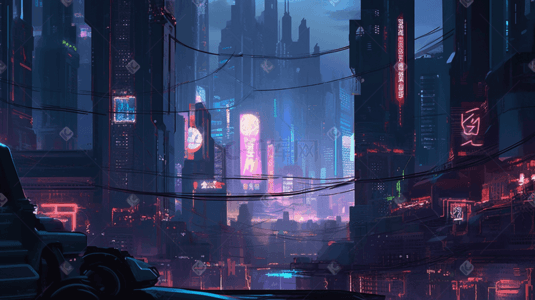 cg插画图片_赛博朋克城市夜景建筑