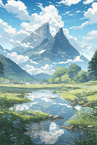 png自然风景插画图片_梦幻唯美山峰蓝天插画场景自然风景