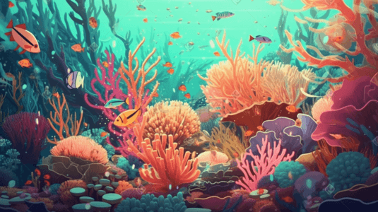 珊瑚世界插画图片_彩色海底世界卡通插画