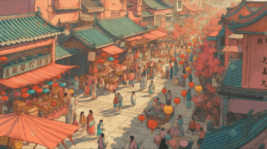 黑白街景插画图片_彩色中国风古典清明上河图街景