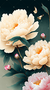 光照插画图片_花枝花朵芍药和蝴蝶