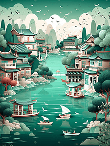 大理插画图片_大理洱海泉城景色