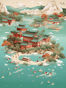 大理插画图片_海城剪纸风城市风景