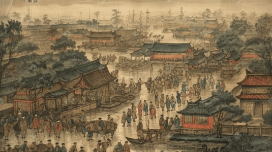 古时街景插画图片_彩色中国风古典清明上河图街景