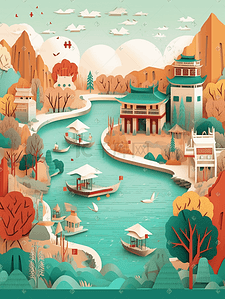 大理石基色插画图片_大理洱海泉城风景