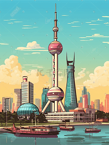 中心对称插画图片_上海城市特色景点建筑