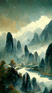 中国风群山插画图片_水彩群山中国风山水