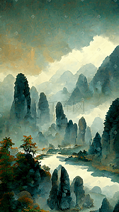 群山花纹插画图片_水彩群山中国风山水