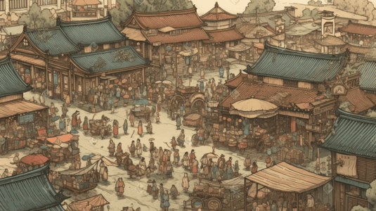 模板古典插画图片_彩色中国风古典清明上河图街景