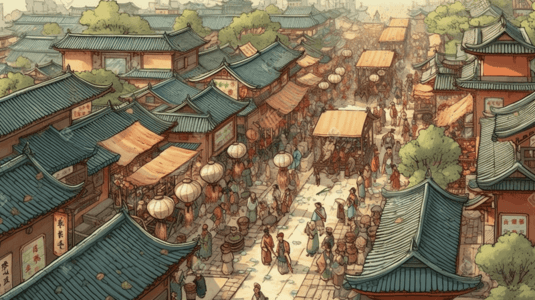 中国彩色插画图片_彩色中国风古典清明上河图街景