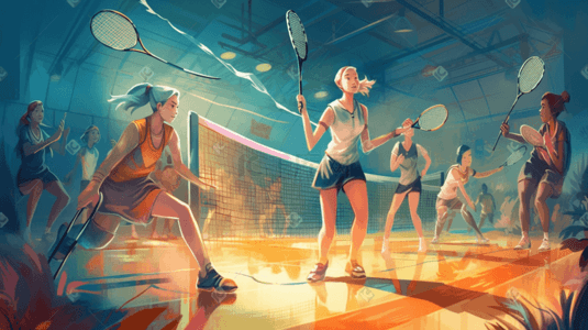羽毛球logo插画图片_彩色扁平化羽毛球比赛体育插画