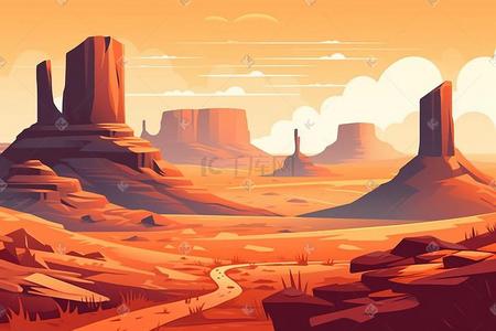 沙漠插画图片_沙漠中的建筑和弯曲的小路