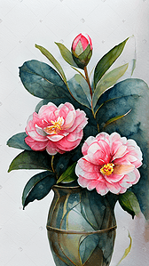 鲜艳的花插画图片_花瓶里的水彩茶花