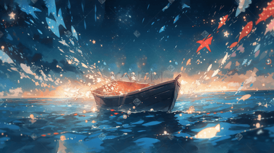 星空下湖面上有一只小船在飘泊唯美插画