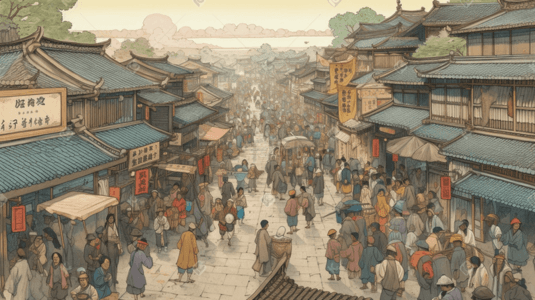 古典书法元素插画图片_彩色中国风古典清明上河图街景
