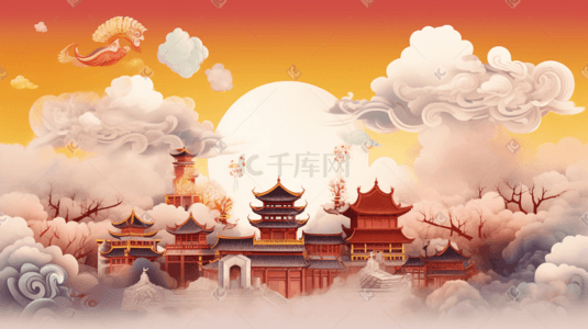 彩色中国风国潮古典风景插画