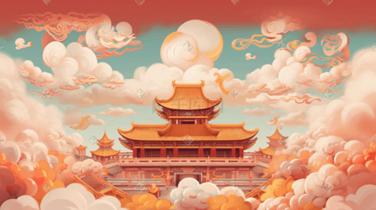 彩色中国风国潮古典风景插画