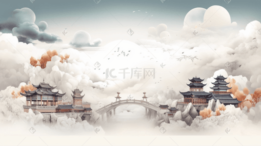 古典窗格插画图片_彩色中国风国潮古典风景插画