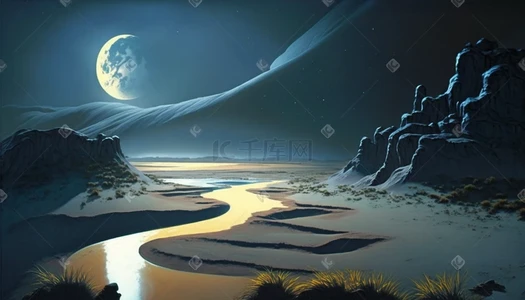 月球插画图片_月球下的沙漠和流水风光