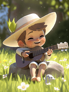 春天春季春游踏青草地弹吉他