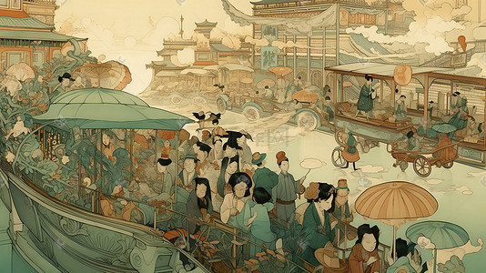 场景新年集市新年城市江南古代生活街市中国风古风建筑古代老街的人和