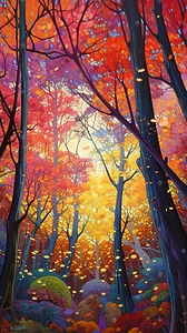 秋季红叶飘落的森林