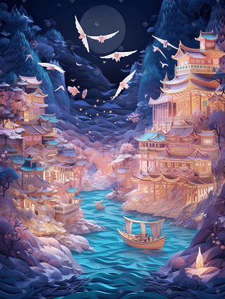 立体风格插画场景夜景唯美剪纸